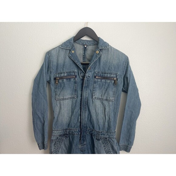 Free PEOPLE WE THE FREE DENIM JUMPSUIT COVERALL Long Sleeve Blue Zip Size 24 - Picture 2 of 7